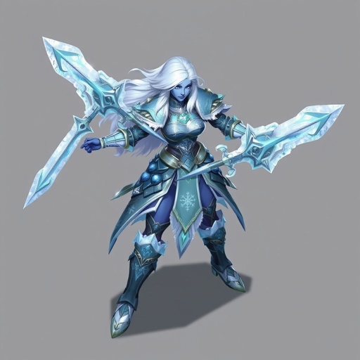 Create a battle woman hero called Alvara the Frostheart. Show full body head to toe including shoes 