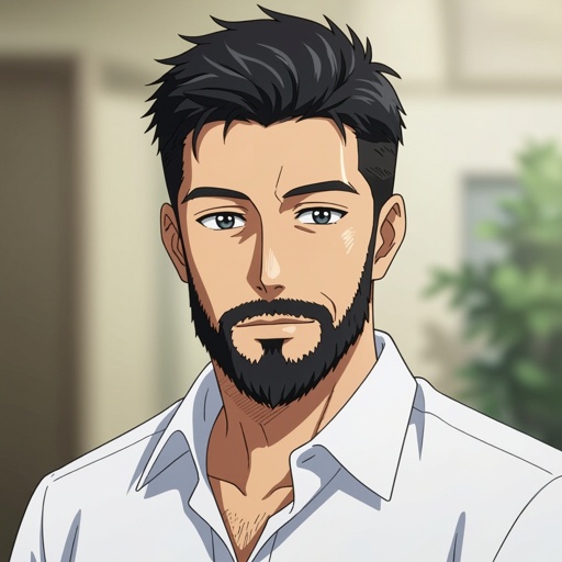 A human man in his early forties and has short black hair with growing black beard