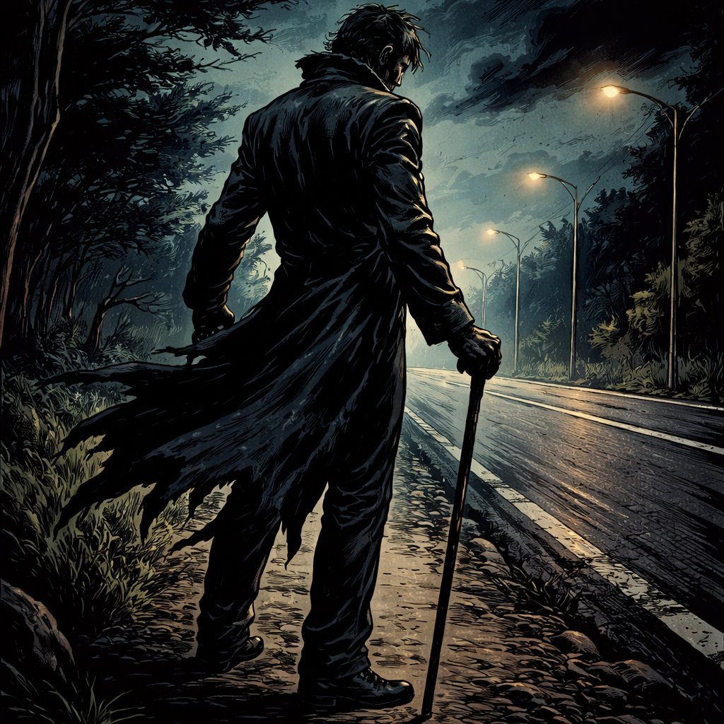Realistic refined, it is dark a tall, slim man in a torn black robe stands by the side of the road. a cane in his right hand. We see him 3/4 from the rear we don’t see his face. It is dark night, full body shot.