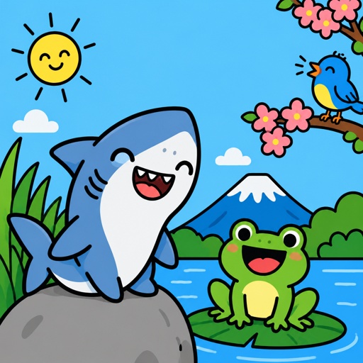a painting of a shark and a frog sitting on a rock