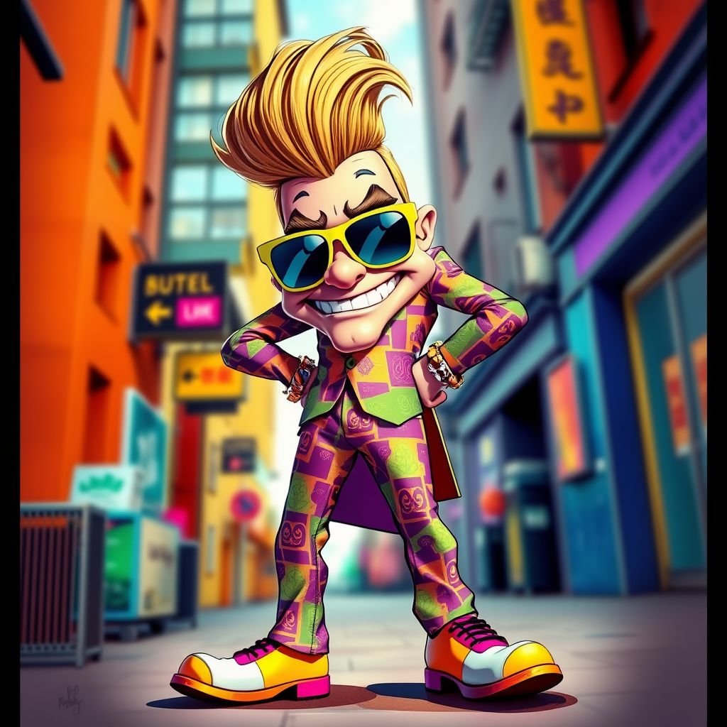 Create a funny arrogant character , showing him head to toe like his whole outfit