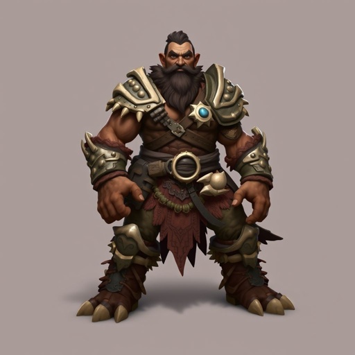 Create character hero Kael the Beastbound – A rugged, broad-shouldered man with dark brown skin and a rough beard, wearing armor made from bone and leather Show her whole body head to toe including her shoes.