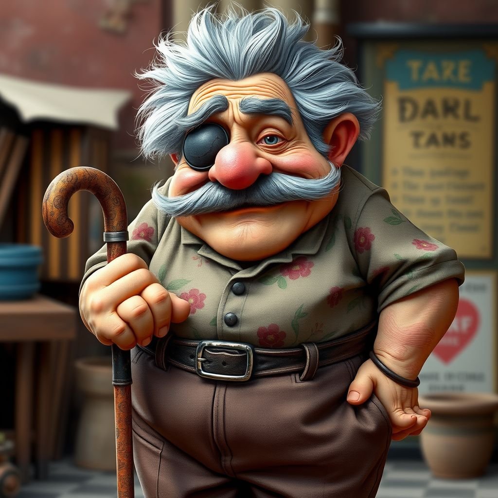 Create a grouchy funny old character who has 1 eye patched. Make him fat with a cane. Show his whole character head to toe in image 