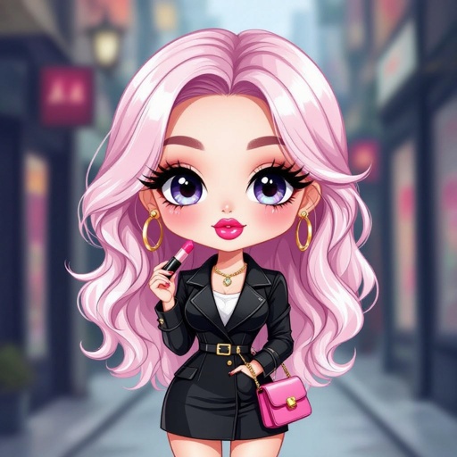 Create a character lady who is funny but about fashion and loves lipgloss