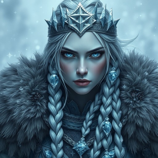 Create a character head to toe showing the whole character, meaning legs feet body face everything: A tall, battle-hardened woman with pale, icy-blue skin. Her long silver hair flows in braids tipped with frozen beads. She wears heavy, fur-lined armor made from the hides of snow beasts. Her eyes glow faint blue. A frost-shaped crown rests lightly on her head. Please show whole character not just waste up.