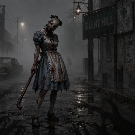 Silent hill with the nurse from the silent hill movie but in Alice’s dress from Alice in wonderland 