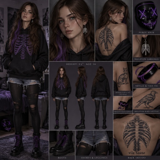 Female, 5’6, 16, brown hair, waist long hair, light skin, emerald green eyes, black purge mask with purple accents set aside, drop down skeleton torso earrings, a black oversized hoodie, a purple ribcage design on hoodie, ripped jean shorts, black leggings underneath the shorts, black boots, purple shoe laces, a marbled (shiny) obsidian and purple amethyst bangle on one arm, a few tattoos of skeleton animals litter her body, a big tattoo of a skeleton torso on her back with “vile house” written underneath, a purple hair tie around wrist, a small streak of purple in hair that slowly fades 