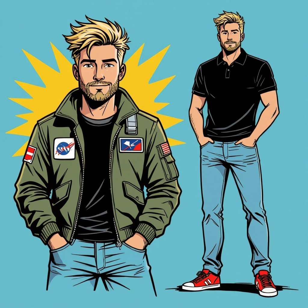 man with Dirty Blonde Unkempt Hair and Goatee. Astronaut Flight Jacket Black And White Polo and Light blue denim jeans with red sneakers