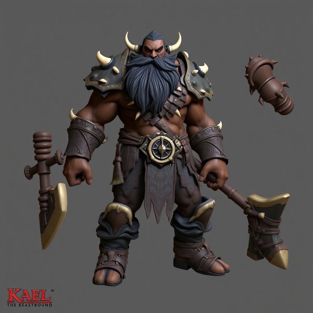 Create character hero Kael the Beastbound – A rugged, broad-shouldered man with dark brown skin and a rough beard, wearing armor made from bone and leather Show her whole body head to toe including her shoes.