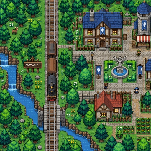 Train tracks in the woods for a fantasy game set in modern times village, exterior, top down style