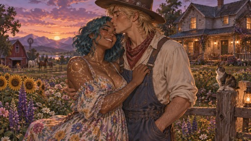 Vivid non-realistic fantasy D&D concept art of a man playfully kissing a woman on the forehead in a flowering farm field in front of a farmhouse at dusk. the woman is tall, toned, curvy, and gentle with wavy bobbed teal hair, dark tan skin, freckles, a straight nose, brown eyes, and all encompassing glittering constellation tattoos, wearing a soft colorful flowy country dress. she giggles and hugs her friend. the man is tall, gentle, and sweet with a blonde messy mullet, soft green eyes and freckles, wearing a cowboy hat and vibrant farm clothes.
