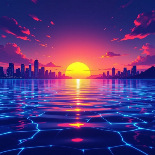 A nice beautiful beach with the sunset and water looking beautiful with city lights in the back