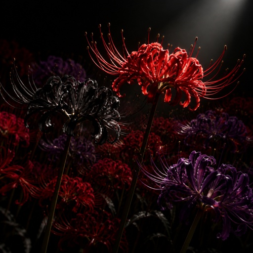 A field of Black, red and purple spider lillies 