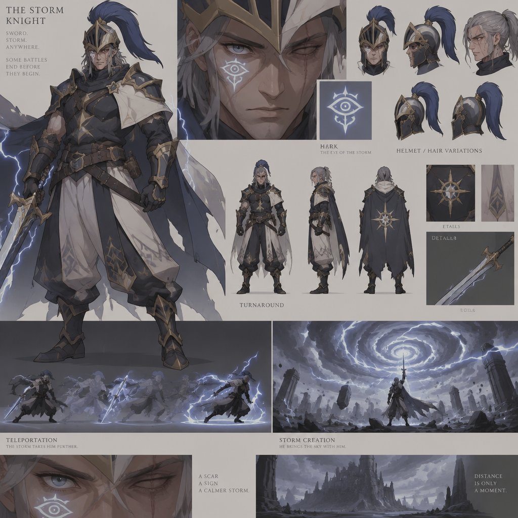 lightning knight, plume helmet, grey hair, eye of the storm mark, baggy pants, scar eye, teleportation ability, storm creation
