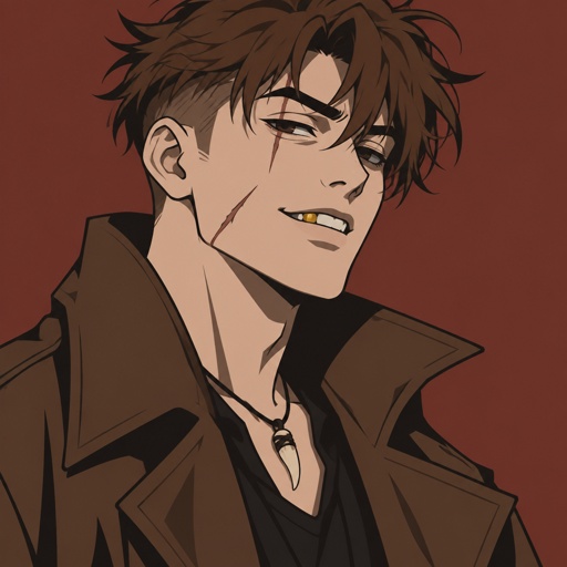 Male, brown choppy messy hair undercut, pale, gold tooth, scar under eye, scar on cheek, brown long jacket, tooth necklace, smirk