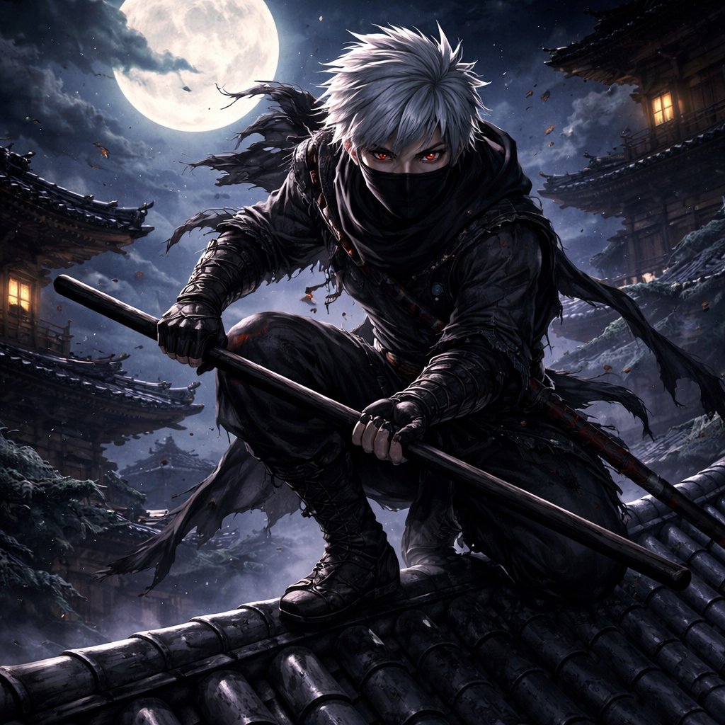 20, male, white hair, red eyes, wearing ragged black clothes with a tight top and baggy bottoms and a half mask that covers the mouth and nose, crouched on a Japanese rooftop in the 1600s, with a black wooden quaterstaff