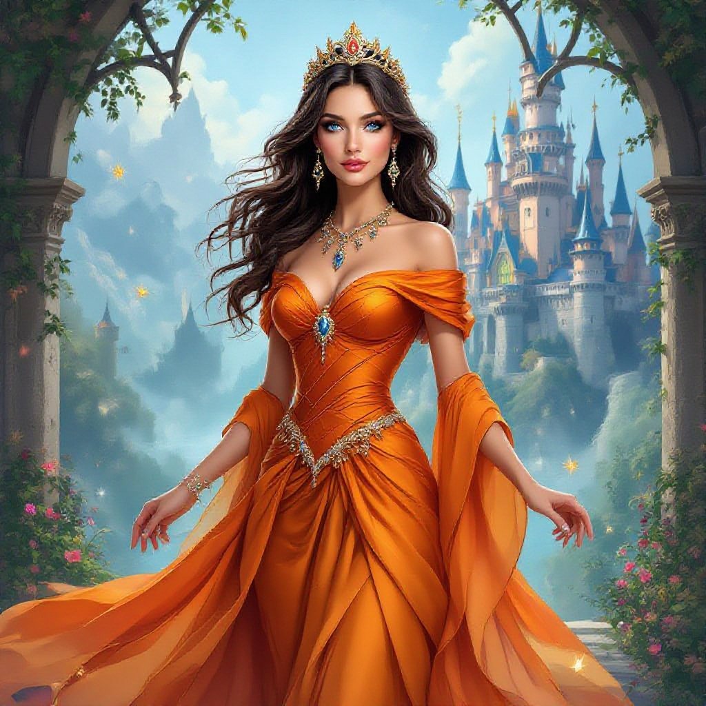 Princess. 40 years old. Olive skin. Blue eyes. Dark hair. Wearing orange dress.
