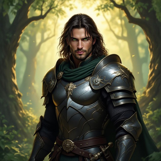 knight with his helmet off, dark hair, medium skin tone, green eyes, muscles