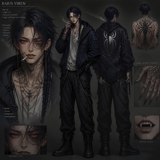 Anime male in his 20s part Asian part white dark blue hair messy in a braid clean shaven wearing a baggy jacket,is a weapon and good it highly skilled,late 20s,tall, migraines, sensitive to light,sarcastic ,red eyes,serious face experiment,hates people he has powers he could use but doesn't have full control dangerous hates being told what to do,one eye damage, glasses,spiders,earrings tattoos will agree to help but on his terms or for a price hard to figure out what his true emotions are doesn’t remember anything from his past before the experiment,long scary fingers,spider fangs