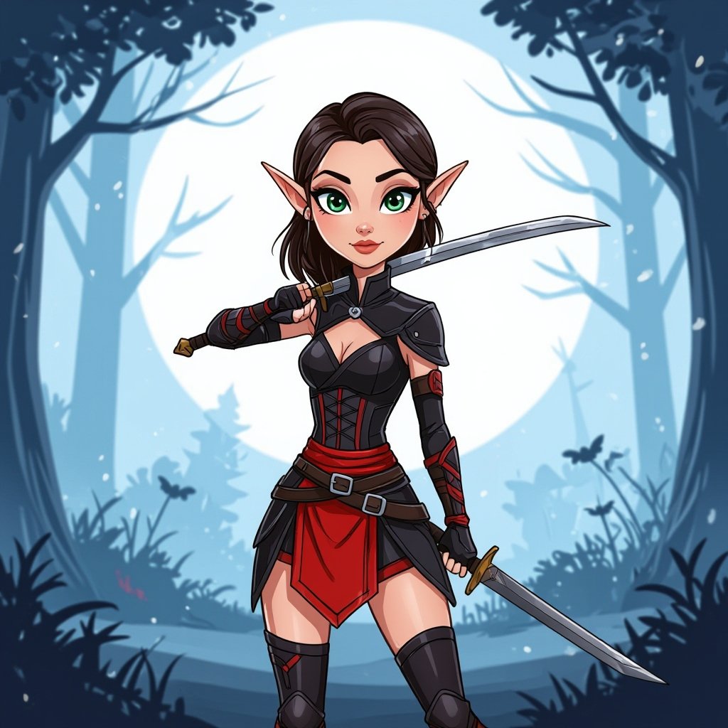 Female High Elf Assassin in Black and Red Leathers and Skirt