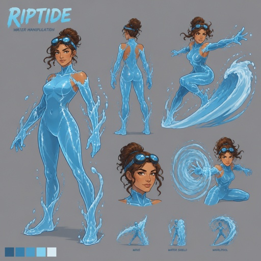 Female superhero with water powers, cool costume made of water, goggles, freckles,multiple of the same character 