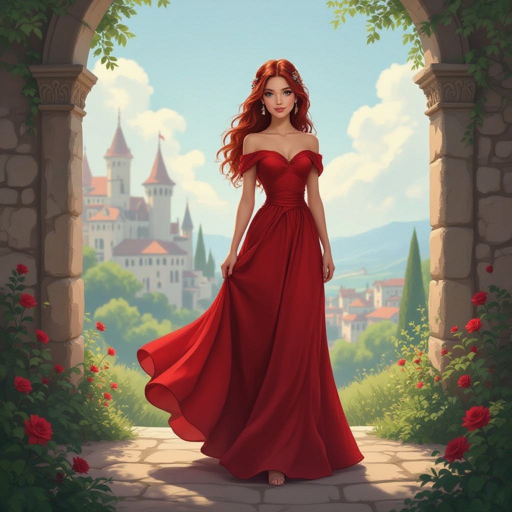 A rebellious but kind teen Princess in a red dress with dark red hair