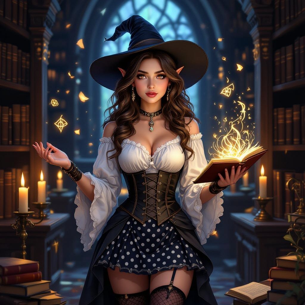 A semi-realistic, fantasy-parody portrait of Mythanna Junedae, the High Elf Wizard of Abjuration known as The Enigmatic Librarian. Scene & Lighting Set within the Eight Mages Academy library — tall rune-lit shelves and drifting motes of golden dust. Warm candlelight mixes with cool magical glow from abjuration sigils swirling faintly around her. The tone balances academic gravitas with theatrical flair — tongue-in-cheek fantasy parody realism. Appearance Mythanna stands in a confident, slightly playful pose, one hip cocked, surrounded by hovering spellbooks and glowing ward-circles. Her expression is both coy and calculating — the smile of someone who knows far more than she lets on. She has brunette wavy hair, luminous elven features, and expressive brown eyes that catch the light of the runes. Her ears are prominent and elegantly pointed. Her skin tone is soft fair ivory with a faint warm flush. Iconic Outfit (Hard-Locked) • White blouse with puffed sleeves and a black ribbon bow at the collar. • Black rune-stitched corset worn over the blouse, fitted and elegant. • High-waisted black-and-white polka-dot skirt, ending mid-thigh. • Dark thigh-high stockings leaving a bare-thigh gap visible. • Shin-high rune-stitched boots, practical yet fashionable. • A small pearl pendant rests at her throat — her arcane focus. • Hat of Wizardry, decorated with tiny polka-dot runes and a faint magical shimmer, sits jauntily atop her hair. Magic & Effects • Glowing golden abjuration sigils orbit around her hands and wrists. • Several floating tomes hover nearby, their pages turning of their own accord. • A soft halo of protective wards (circles and geometric lines of light) surrounds her body, subtly transparent. • Her Pearl of Power glows at her throat, pulsing in sync with the wards. • She holds her Wand of Magic Missiles, carved and polished, faintly glowing at the tip. Composition Full-body portrait framed from head to shins, 2:3 aspect. Candle-warm foreground light with cool sigil back-glow. Parody-fantasy realism style — equal parts glamorous and arcane.