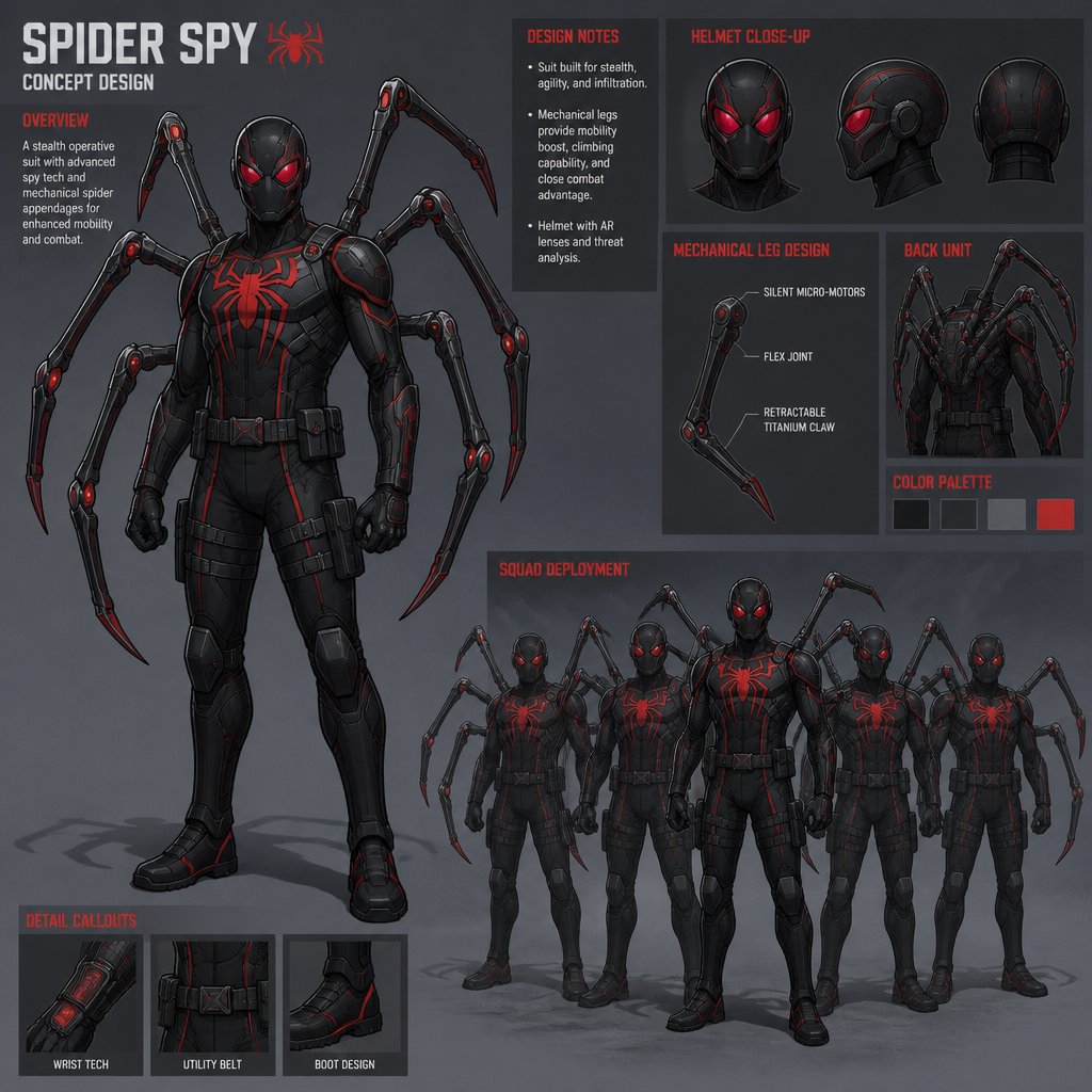 Male superhero with a suit based on a spider, helmet,spider legs, spy, multiple of the same character