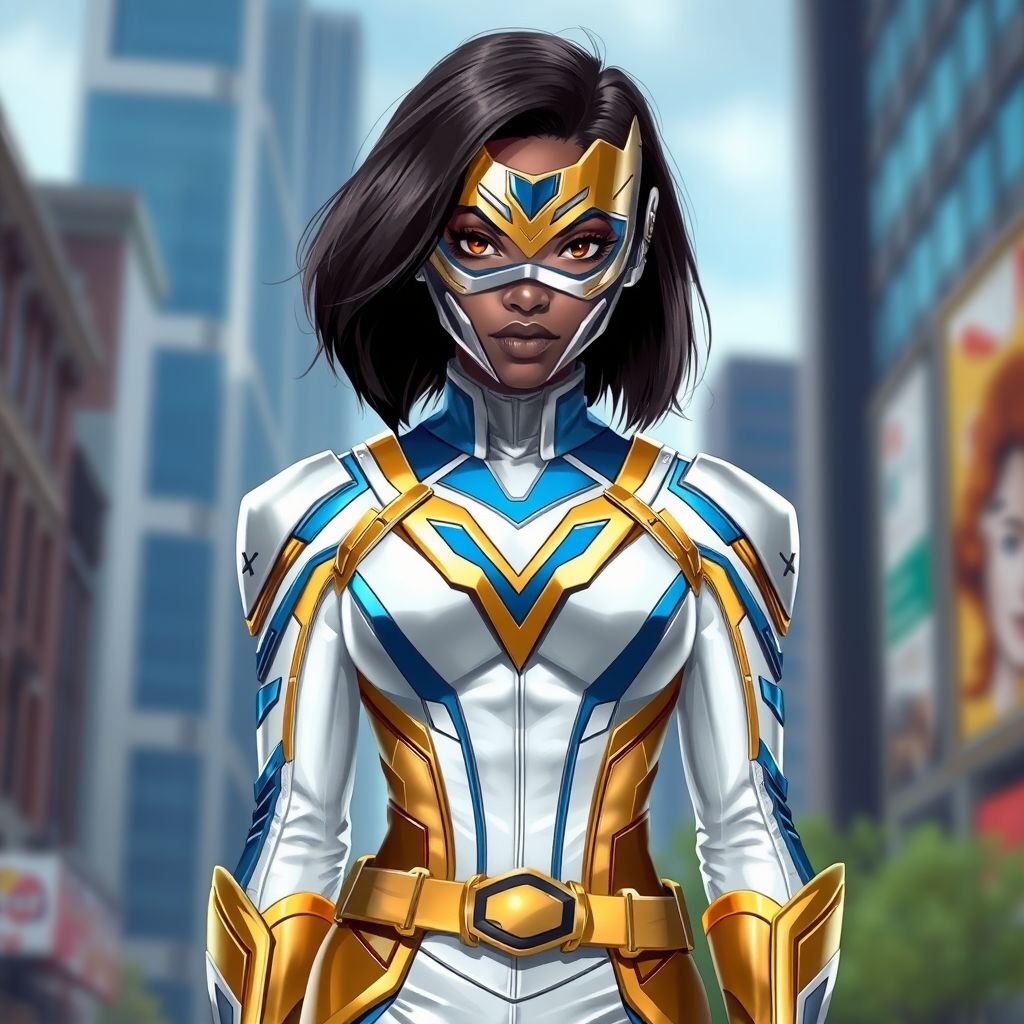 A teenage African American female with shoulder length hair  in a side part style superhero  wearing an armored MASK and a slightly armored white and gold suit with white pants and blue accents and a stylized V as her chest emblem a utility belt and gold boots