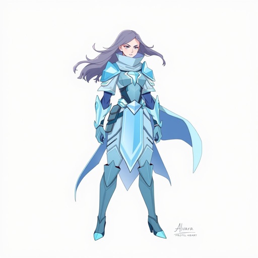 Create a battle woman hero called Alvara the Frostheart. Show full body head to toe including shoes 