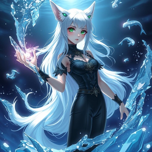 A teenage girl with pale skin and emerald eyes wearing black royal top and trousers with long white hair and small fox ears conducting ice in the depths of the ocean
