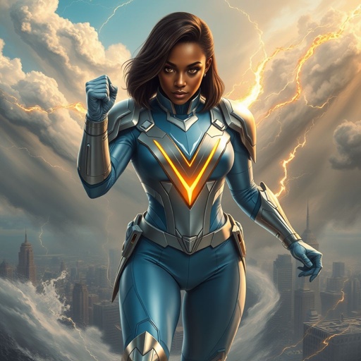 African American female superhero with hair in a shoulder length side part hairstyle with pure Gold glowing eyes wearing a leather slightly armored light blue white and silver suit with light blue pants and silver boots and a V as her chest emblem controlling a storm in Philadelphia