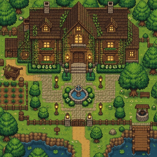 cozy wooden mansion vines, for a game, exterior, top down style