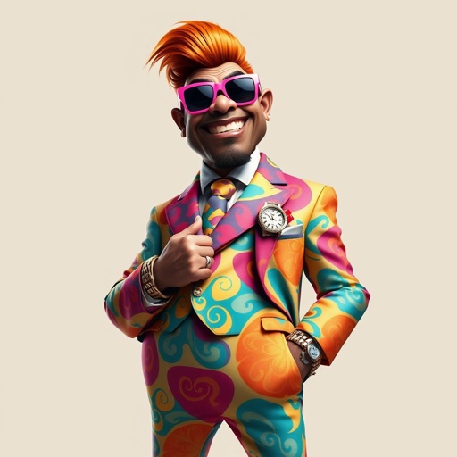 Create a funny arrogant character , showing him head to toe like his whole outfit 