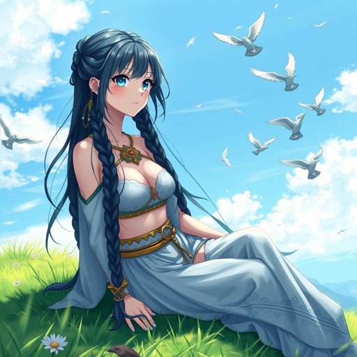 A young female with fair skin and vibrant teal eyes. Black hair with cyan tips in the form of two long braids. Wearing a two-piece goddess outfit (specifically top and trousers exposing a small amount of stomach) sitting on a hill watching pigeons fly from a very far distance