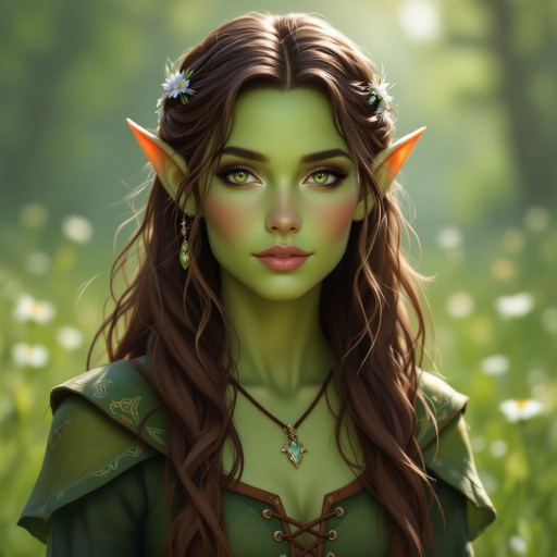 Female elf with meadow green skin and brown hair 