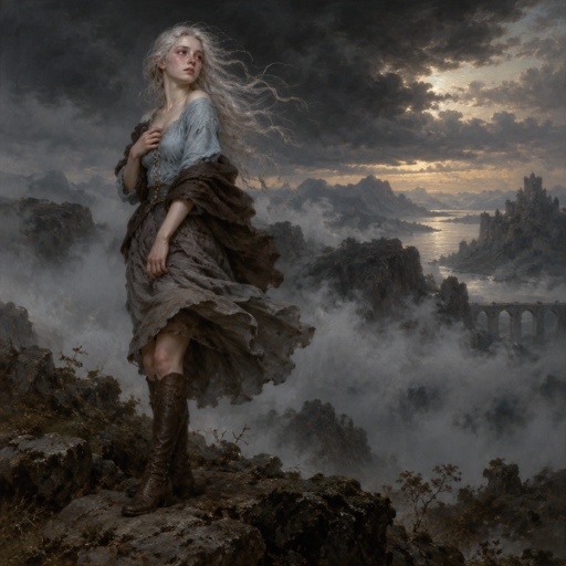 Young woman, silver hair, pink eyes, light blue top, Skirt, brown boots reaching to her knees