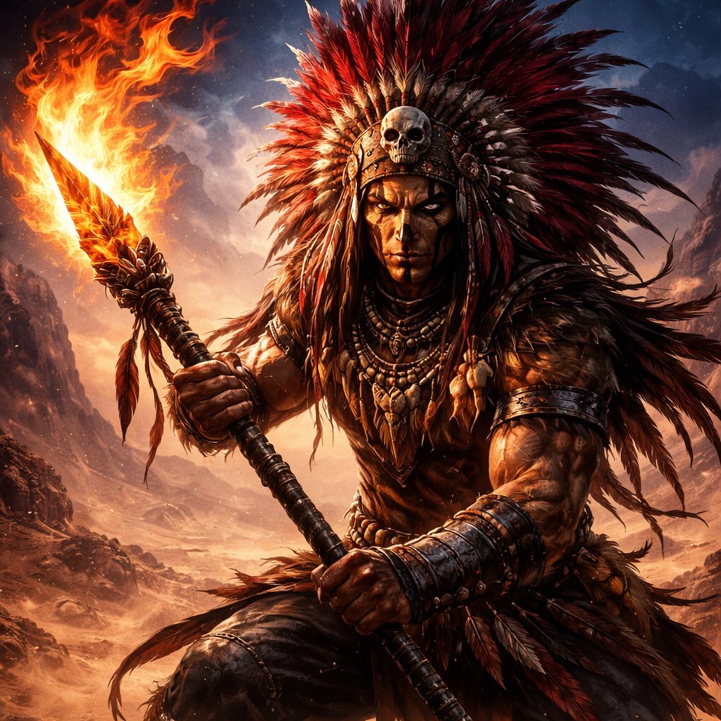 Scorpion from mortal kombat as a native Indian with all red feathers