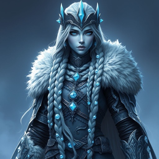 Create a character head to toe showing the whole character, meaning legs feet body face everything: A tall, battle-hardened woman with pale, icy-blue skin. Her long silver hair flows in braids tipped with frozen beads. She wears heavy, fur-lined armor made from the hides of snow beasts. Her eyes glow faint blue. A frost-shaped crown rests lightly on her head.