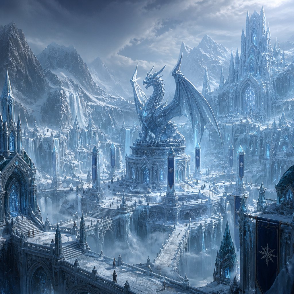 Large city made ice with large dragon statue in center of town