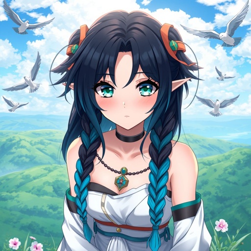 A young female with fair skin and vibrant teal eyes. Black hair with cyan tips in the form of two short braids. Wearing a goddess two piece outfit sitting on a hill watching pigeons fly from a very far distance