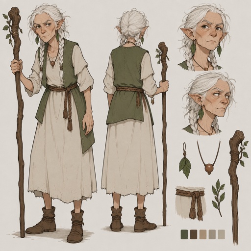 Female, wrinkled, slim, two braids, messy white hair, skinny, leaf earrings, dress, green vest, brown rope around waist, slightly pointy ears, one bead necklace, walking stick, furrowed brows, concept, poses