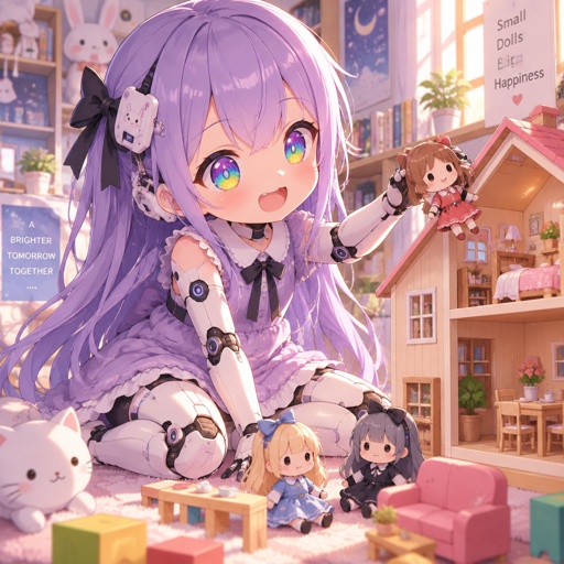 Little girl, cyborg, enjoying some dolls and a dollhouse,purple long hair, rainbow eyes 