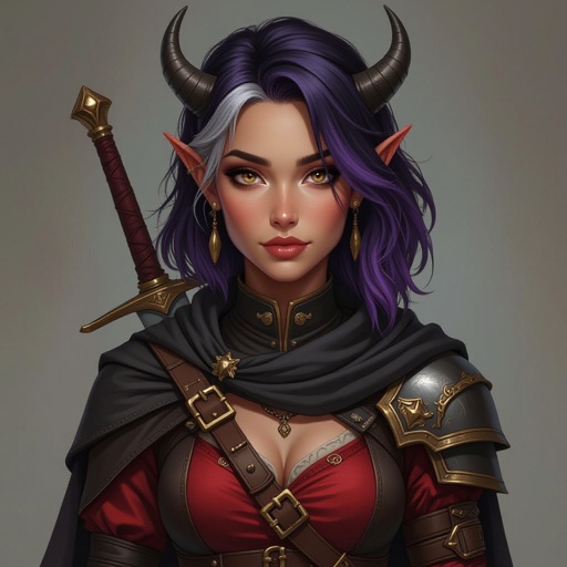 Larissa is a teething bard with a sage background. She has medium armor uses a short sword. She’s about 5 foot 10 has black purple hair with a single silver streak on the left side. She has gold eyes. She likes leather, red and copper. Her skin is brown. Her horns are small and she wraps her hair around them to hide her horns