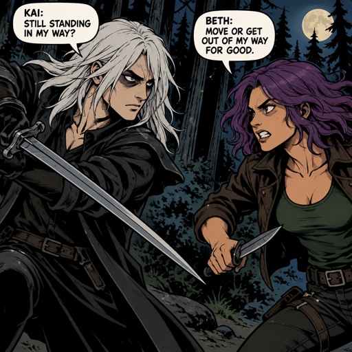 Anime style, male, name kai, highly skilled in fighting all fighting styles and weapons, long long white hair half in face, dark bags, white skin, earrings, history unknown, Female, name is Beth, medium wavy dark purple hair, gray eyes, short, open jacket with a dark green shirt, she is a Bounty Hunter for hire, there fighting in the woods looking at each other Beth with and angry face and Kai with a serious face both are glaring, Beth is a agents,Beth trying to convince Kai to come with her,Kai won’t 