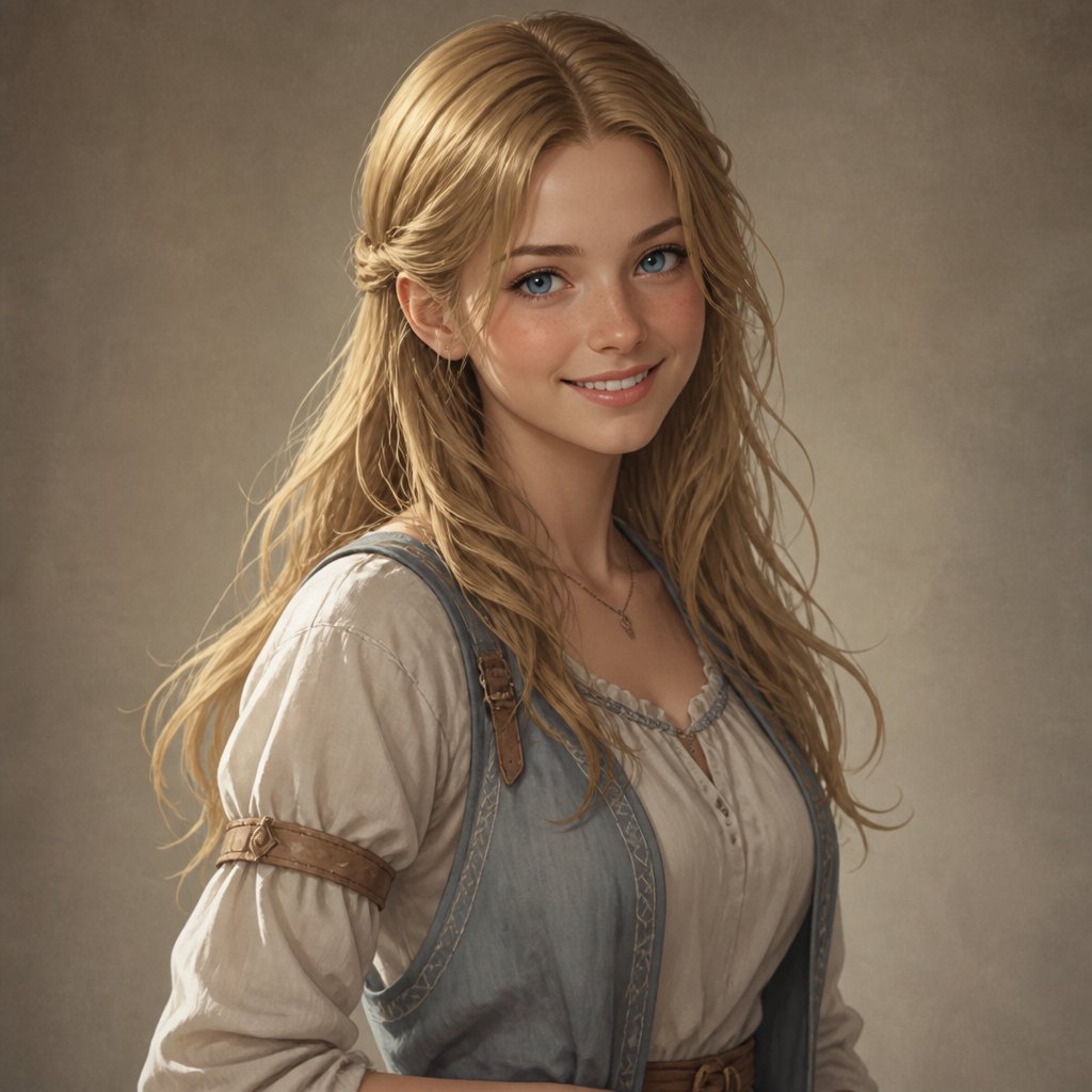 A 24-year-old woman with a sweet, gentle, innocent personality. She is petite, approximately 5’3”, with a naturally feminine but modest build. She has striking light-blue eyes and soft honey-blonde hair that falls naturally around her shoulders, with gentle waves and plenty of natural volume. Her hair should look soft and effortless rather than heavily styled. She has a youthful, kind face with soft feminine features, expressive light-blue eyes, and a warm, genuine smile. There is a subtle sense of vulnerability and tenderness in her expression, as though she is someone who cares deeply about the people around her. She should be attractive in a natural, approachable way rather than looking like a fashion model. Her clothing is casual, comfortable, and modest, reflecting a normal young woman rather than a fantasy heroine. Simple contemporary clothing in soft, understated colors. Minimal jewelry and accessories. Her posture and expression should communicate her personality: gentle, optimistic, slightly shy, and warm. She has an innocent quality without appearing childish. She should feel like someone who has quietly carried a longtime affection for someone she cares about while genuinely wanting the best for them. Semi-realistic JRPG-inspired character art, grounded human proportions, realistic facial features and skin texture, expressive light-blue eyes, detailed naturally wavy honey-blonde hair, soft cinematic lighting. Avoid exaggerated anime features, oversized eyes, excessive makeup, glamorous model styling, or overly sexualized proportions. She should look like a real 24-year-old woman translated into a polished semi-realistic JRPG art style. Three-quarter character portrait, neutral simple background.