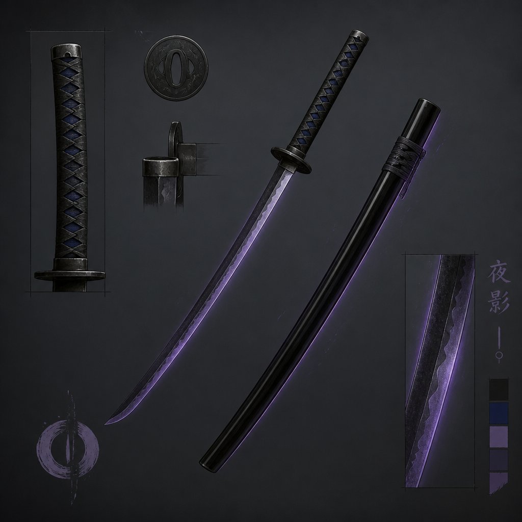 Basic looking katana with midnight blue handle with weathered black wrapping and pitch black sheath with very faint purple glow to it with no one holding