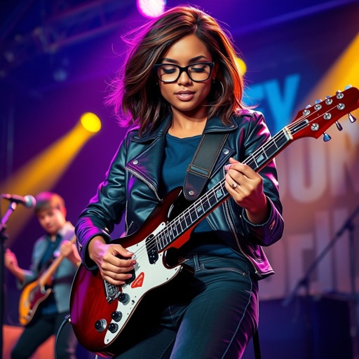 A teenage darker skinned African American woman with glasses shoulder length brown hair with highlights in a side part style wearing black leather jacket with blue accents black jeans a dark blue shirt on a stage playing a Flying V electric guitar with a band