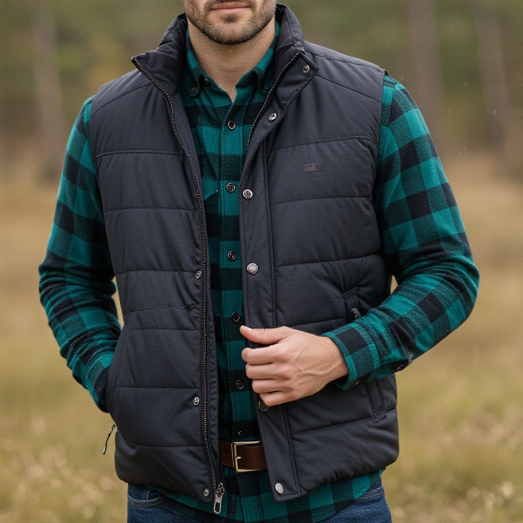 Man in black and Grey puffer Vest . A Teal Flannel underneath