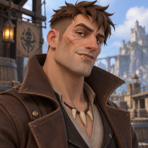 Male, late 30s, no facial hair, brown choppy messy hair undercut, pale, gold tooth, scar under eye, scar on cheek, brown long jacket, tooth necklace, smirk